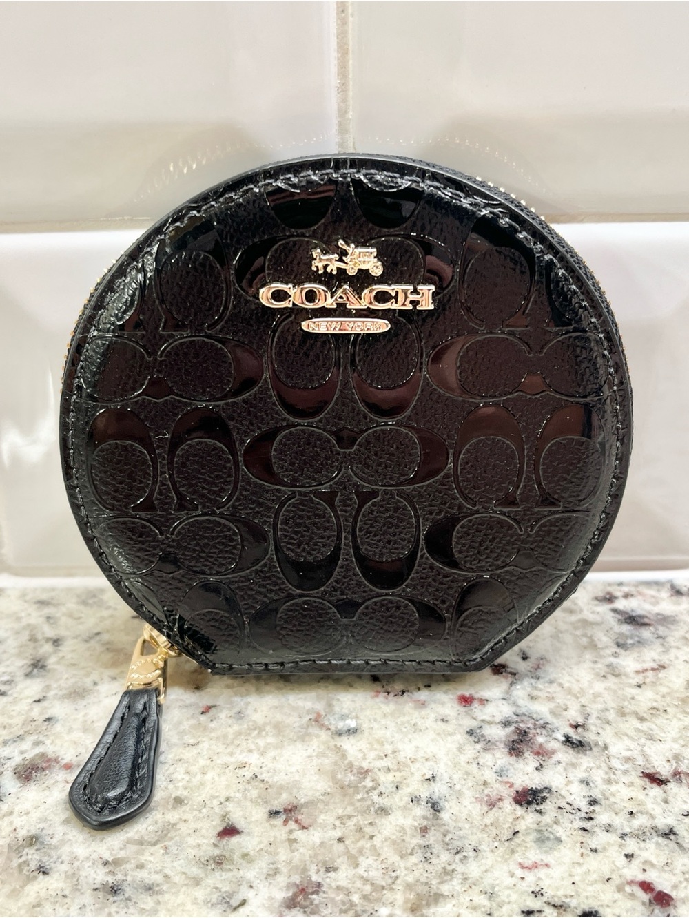 Coach Round Zippered Coin Case in Debossed Black Patent Leather NWOT